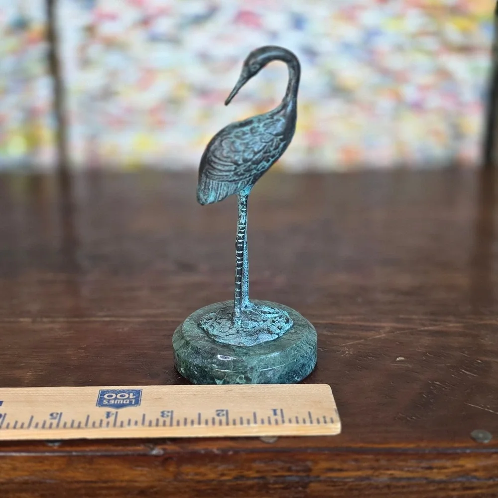 Vintage Bronze Heron Crane Figurine Sculpture on Green Marble Base Verdigris